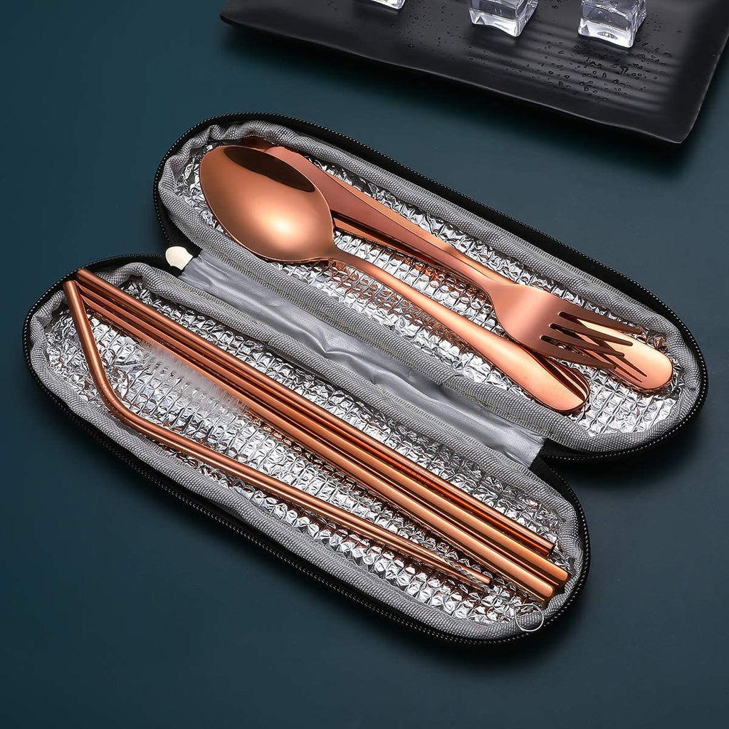 Travel Utensils,Reusable Silverware Set to Go Portable Cutlery Set with a Waterproof Carrying Case for Lunch Boxes Workplace Camping School Picnic (Browngridcase/Rosegold)