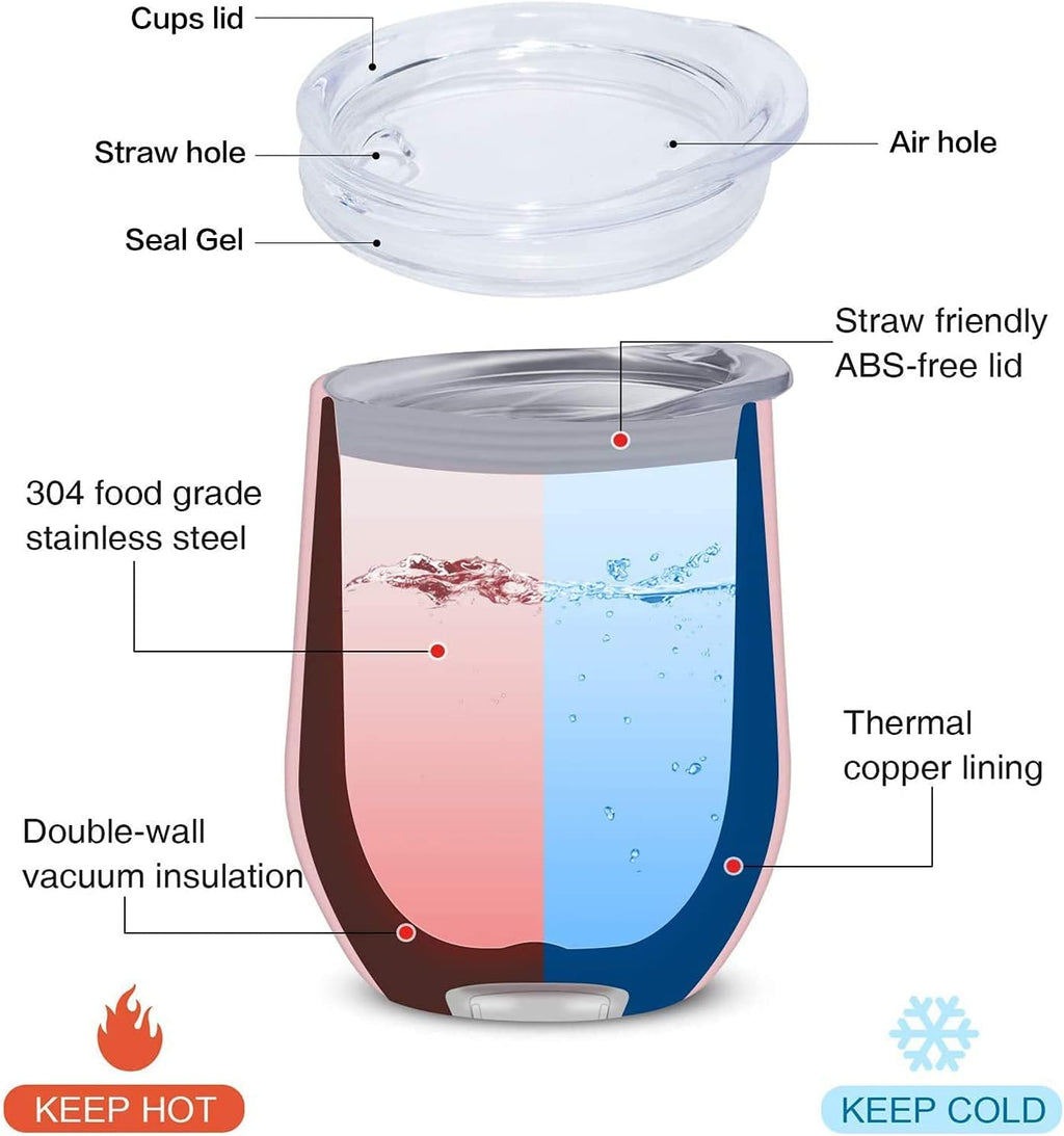 6 Pack 12 Oz Stainless Steel Stemless Wine Glass Tumbler Double Wall Vacuum Insulated Bulk Wine Tumbler with Lids Set of 6,Gift Pack for Coffee, Wine, Cocktails, Ice Cream (6_Mix_Color3)