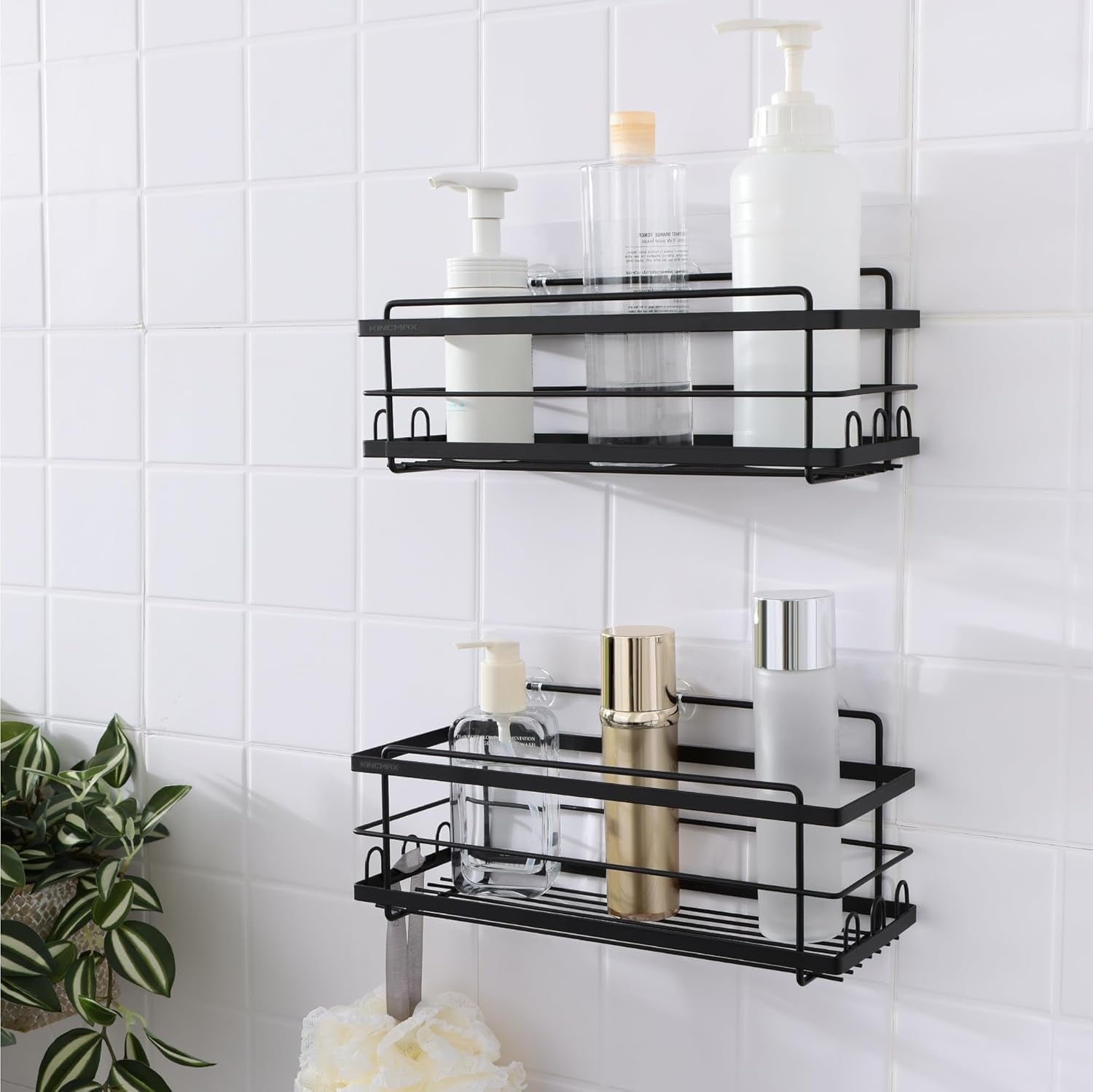 Iron Shower Caddies - Self Adhesive Bathroom Shelves for Showers - Wall Organizer Shampoo Holder Shelf - Peel and Stick on Caddy Bath Tub Rack - Pack of 2 Holders - Black