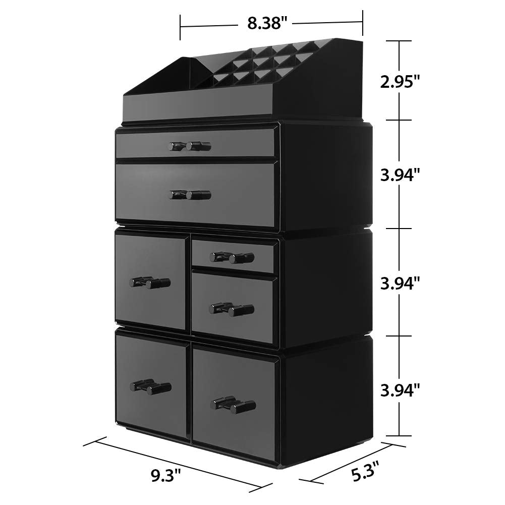 Innsweet Acrylic Cosmetic Organizer Beauty Storage Drawers, Large Makeup Storage Boxes Jewelry Display Cases with 7 Drawers, 4 Piece, Black