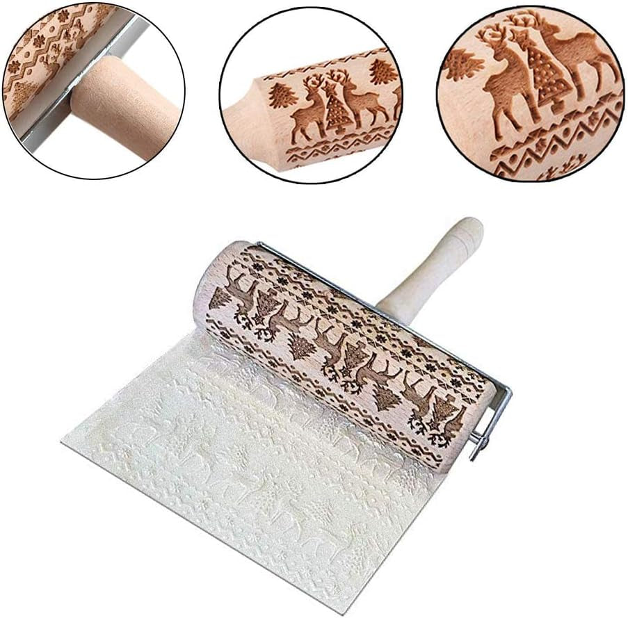 Christmas Wooden Hand-Held Rolling Pins for Baking, Non-Stick Professional Dough Roller for Cookies Waffles Pastry Dough Pies (Snowflake+Elk)