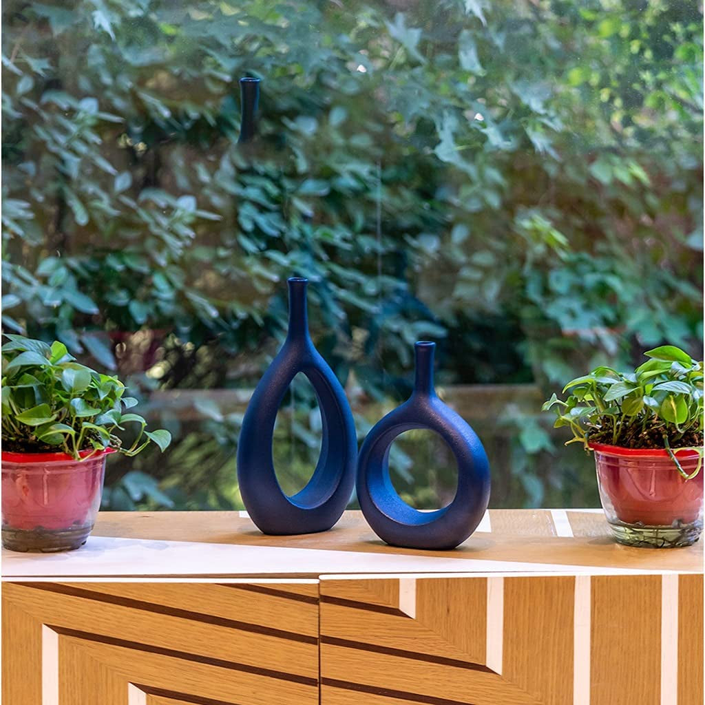 Ceramic Oval Geometric Vase, White, 11"